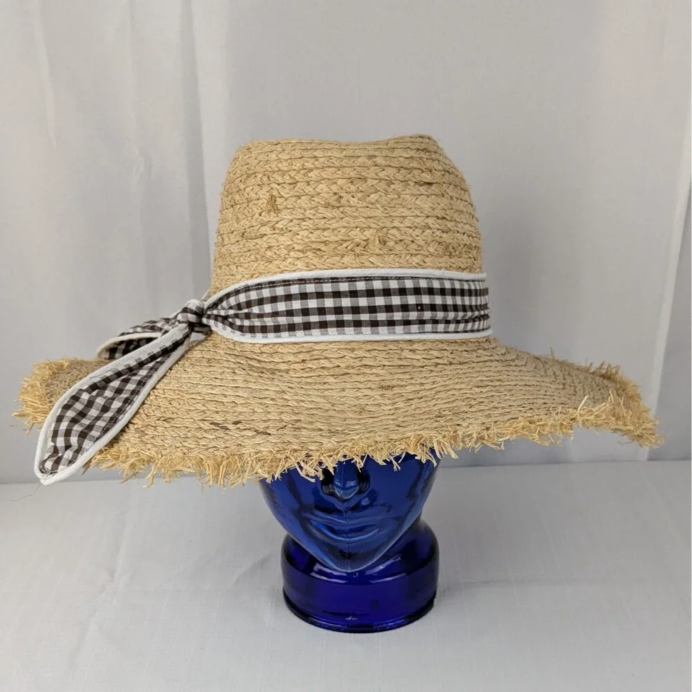 POL Womens Wide Brim Raffia Straw Hat Brown White Gingham Ribbon Band